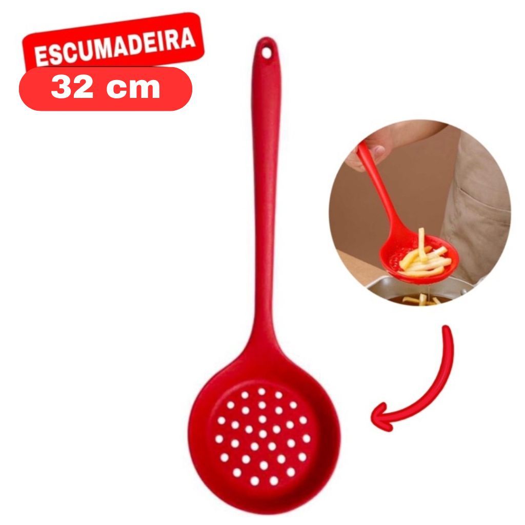 Escumadeira Grande de Silicone 32cm Resistente ao Calor Utensílio de Cozinha Antiaderente Vermelha