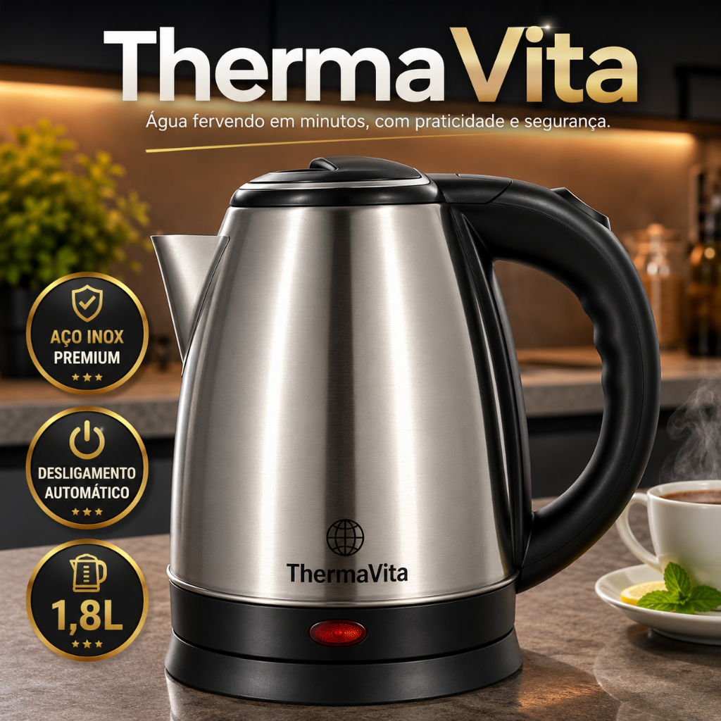 Chaleira Elétrica Inox 1,8L 127V 1000W ThermaVita Aquecimento Rápido Desligamento Automático Base 360°