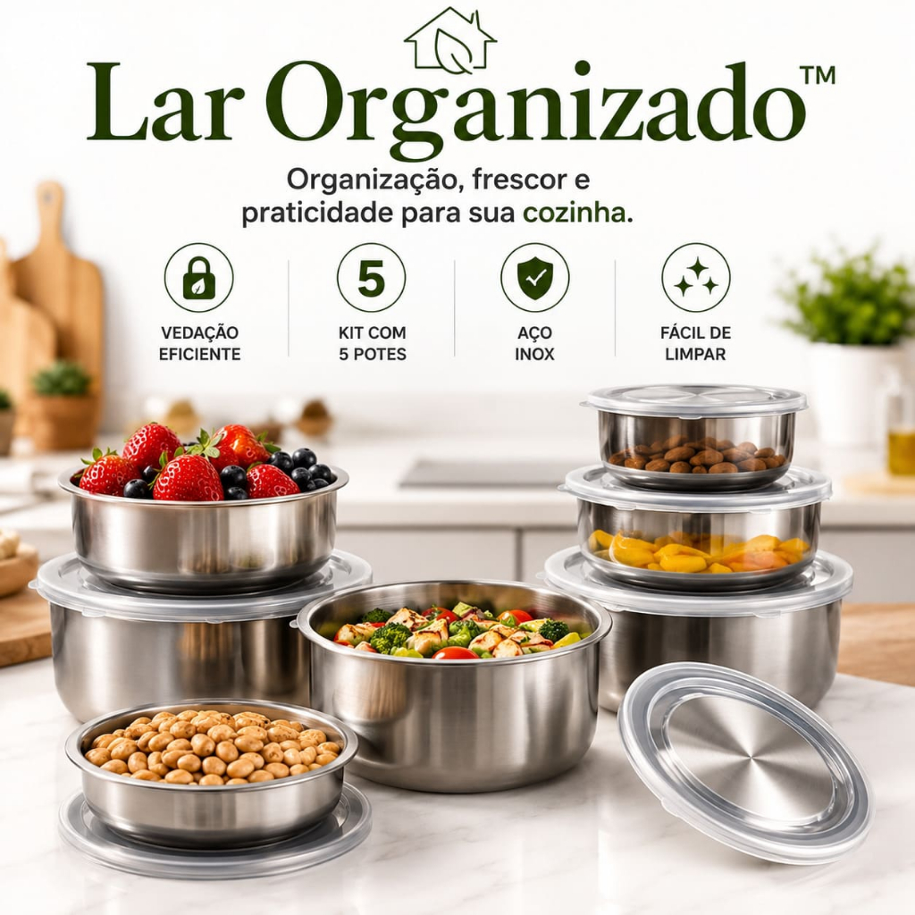 Lar Organizado™ Kit 5 Potes Herméticos Inox com Tampa | Organizador de Geladeira, Conserva Alimentos, Marmita e Cozinha