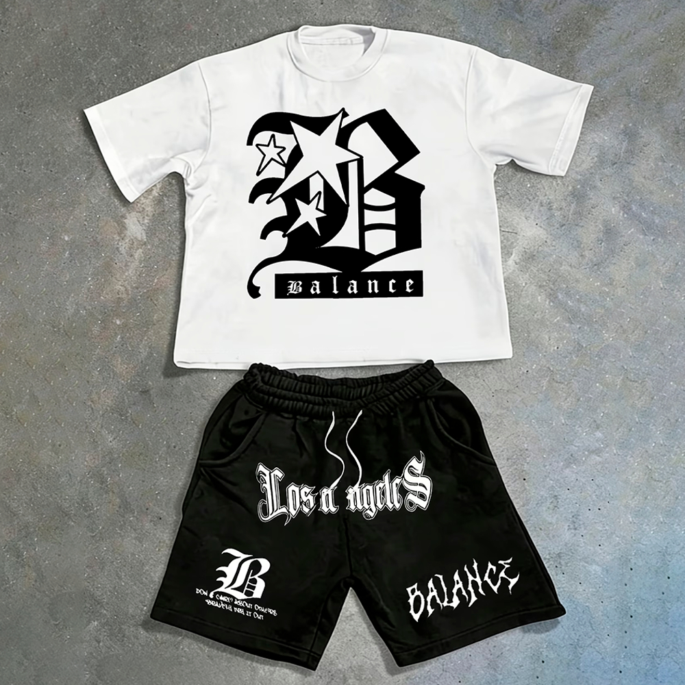 Conjunto Camiseta Oversized + Short Bermuda Moletom com Cordinha Los Angeles Streetwear Gótico Y2k Unissex Estampado