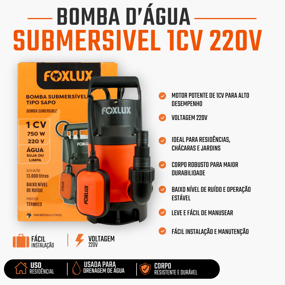 Bomba Submersível Foxlux 1CV 750W 220V Água Limpa 13000L/h com Boia Automática · foto 2
