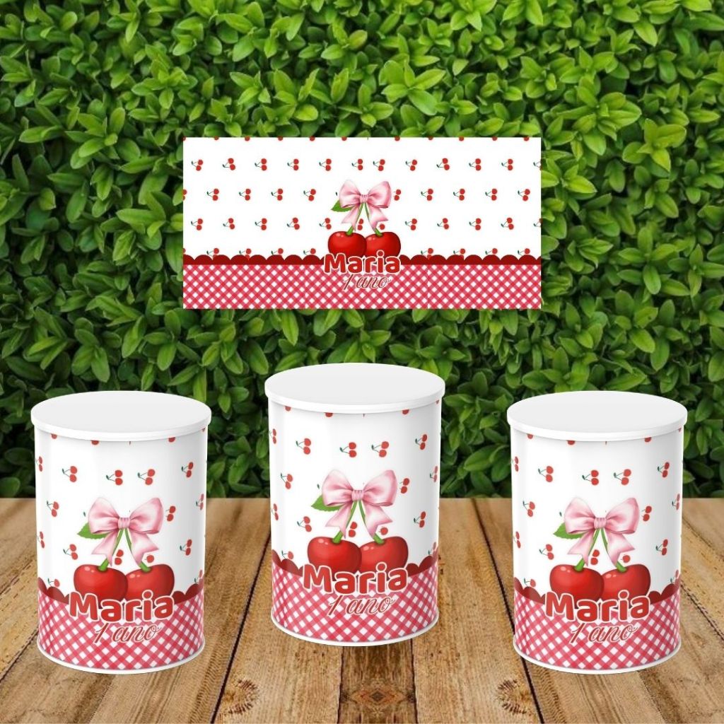 Rotulo Adesivo Para Cofrinho Personalizado Para Festa Infantil De Criança Mimo Lembrancinha Cerejinha com Laço