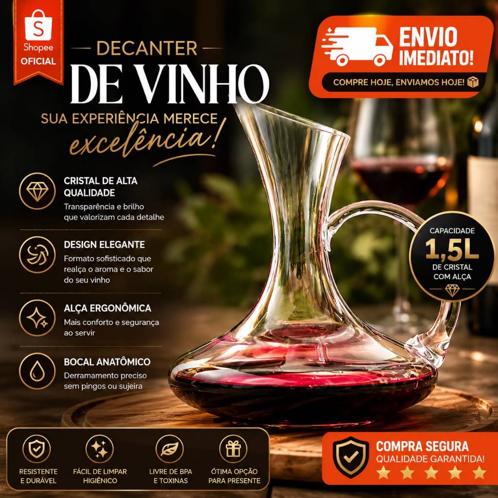 Decanter 1,5L Cristal Premium com Aerador e Alça Oxigenador de Vinho