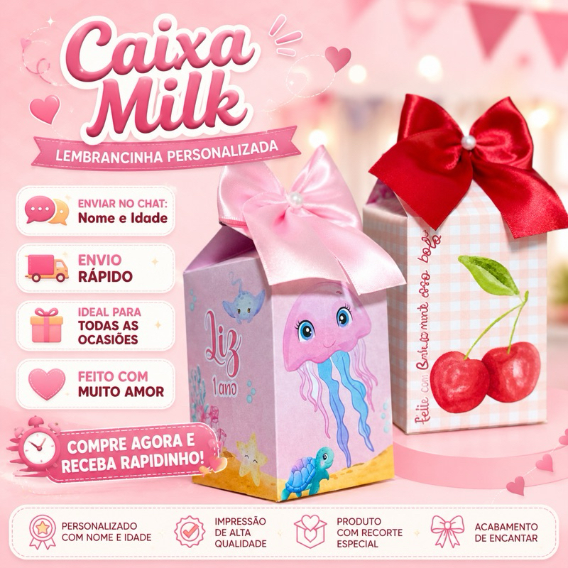 Kit Caixinha Milk Lembrancinha Personalizada de Festa Aniversário Fundo do Mar Cerejinha Jardim Borboleta