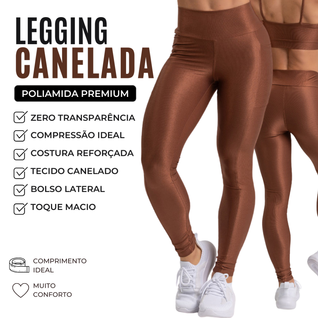 Calça Legging Canelada Brilho Bolso Fitness Feminino Zero Transparência Cós Alto Poliamida Premium Academia  Conforto