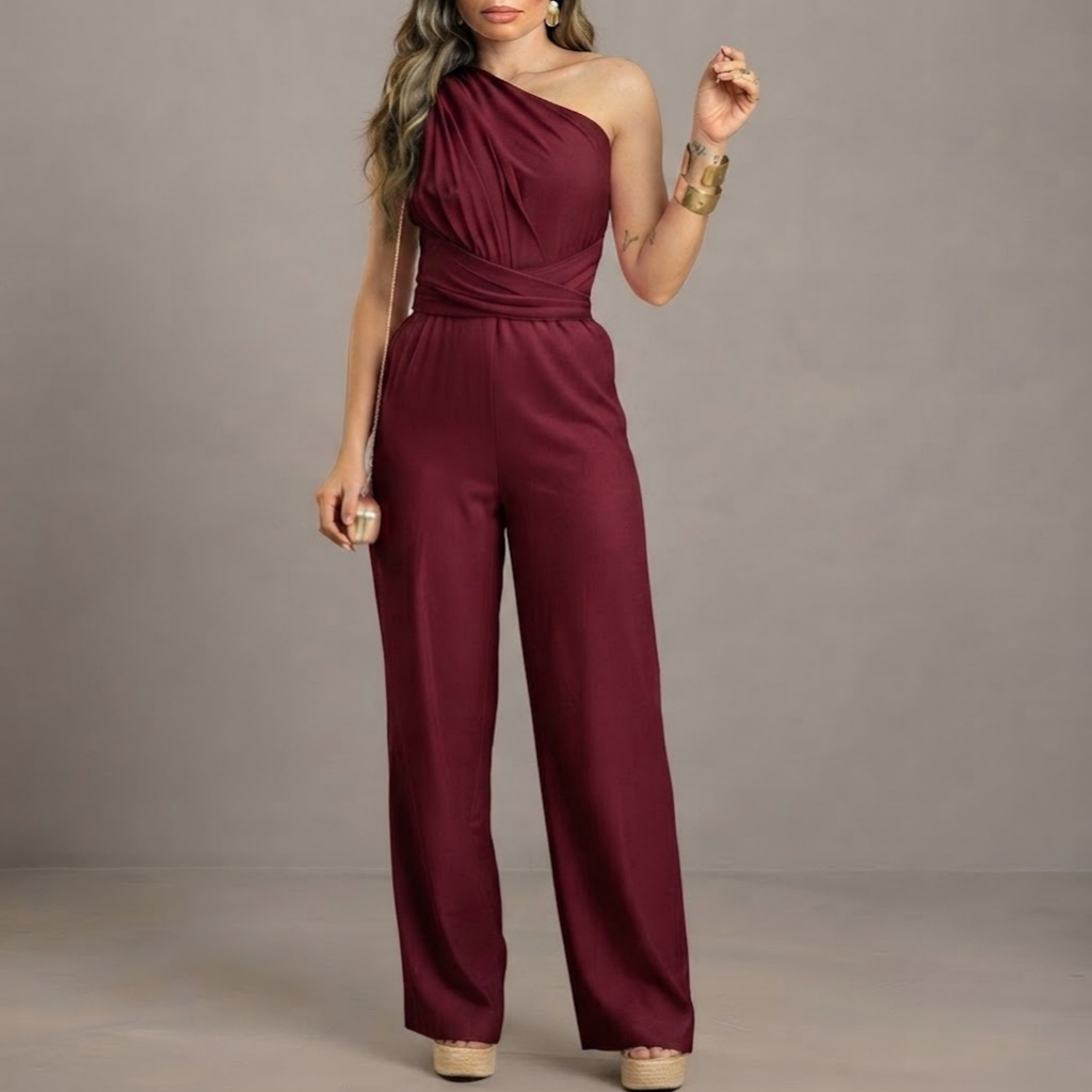 Macacão Feminino Longo Um Ombro Só Amarração Festa Social Elegante | Tam. Único | Varias Cores