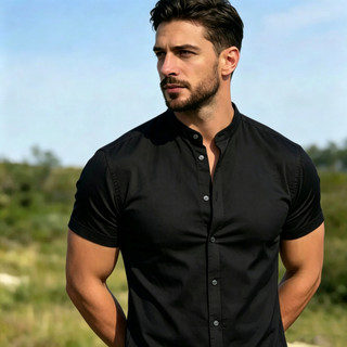 Camisa Social Masculina Gola Padre de Luxo Com Manga Curta Slim Fit Crepnho Tecido Premium