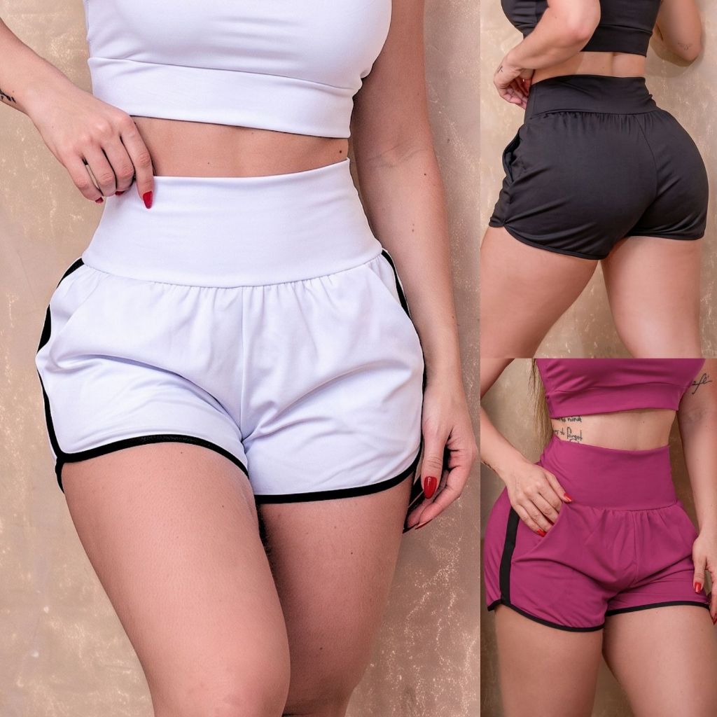 Short Feminino Fitness Suplex Bolso Lateral Modela Cintura Alta Moderno Valoriza Curvas Promoção