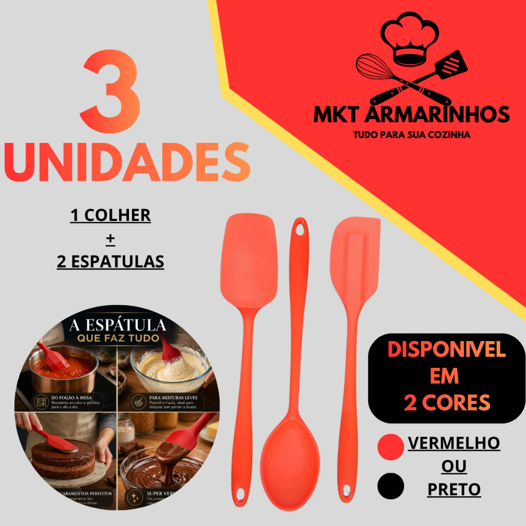Conjunto 3 Utensílios de Silicone Cozinha Colher e Espátulas Resistente ao Calor Antiaderente Gourmet Premium