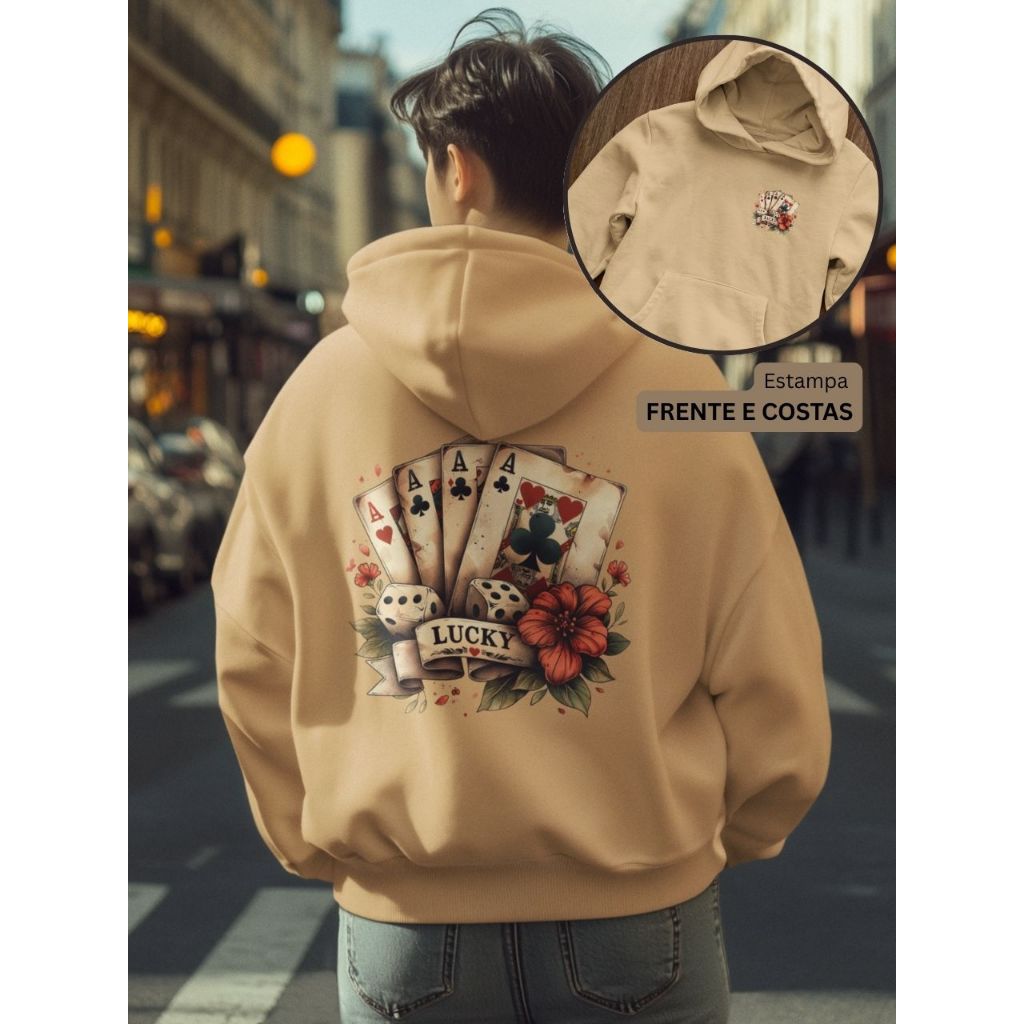 Moletom Masculino ou Feminino Estampa Streetwear Lucky Frente e Costas Blusa de Frio Unissex Cartas Urban