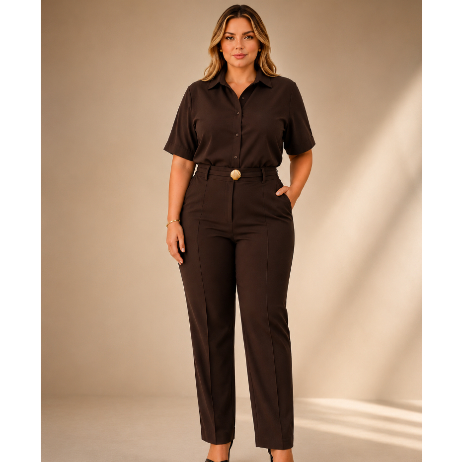 Conjunto de camisa+ calça twill plus size feminino