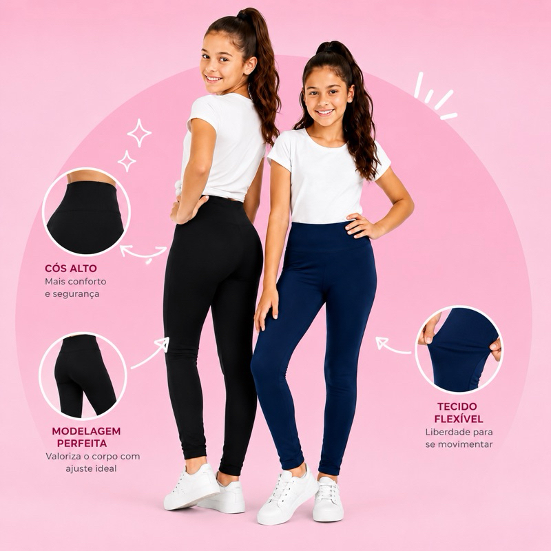 Kit 2 Legging Escolar Lisa Infantil Menina 4 a 12 anos Juvenil  Calça Infantil Não transparente