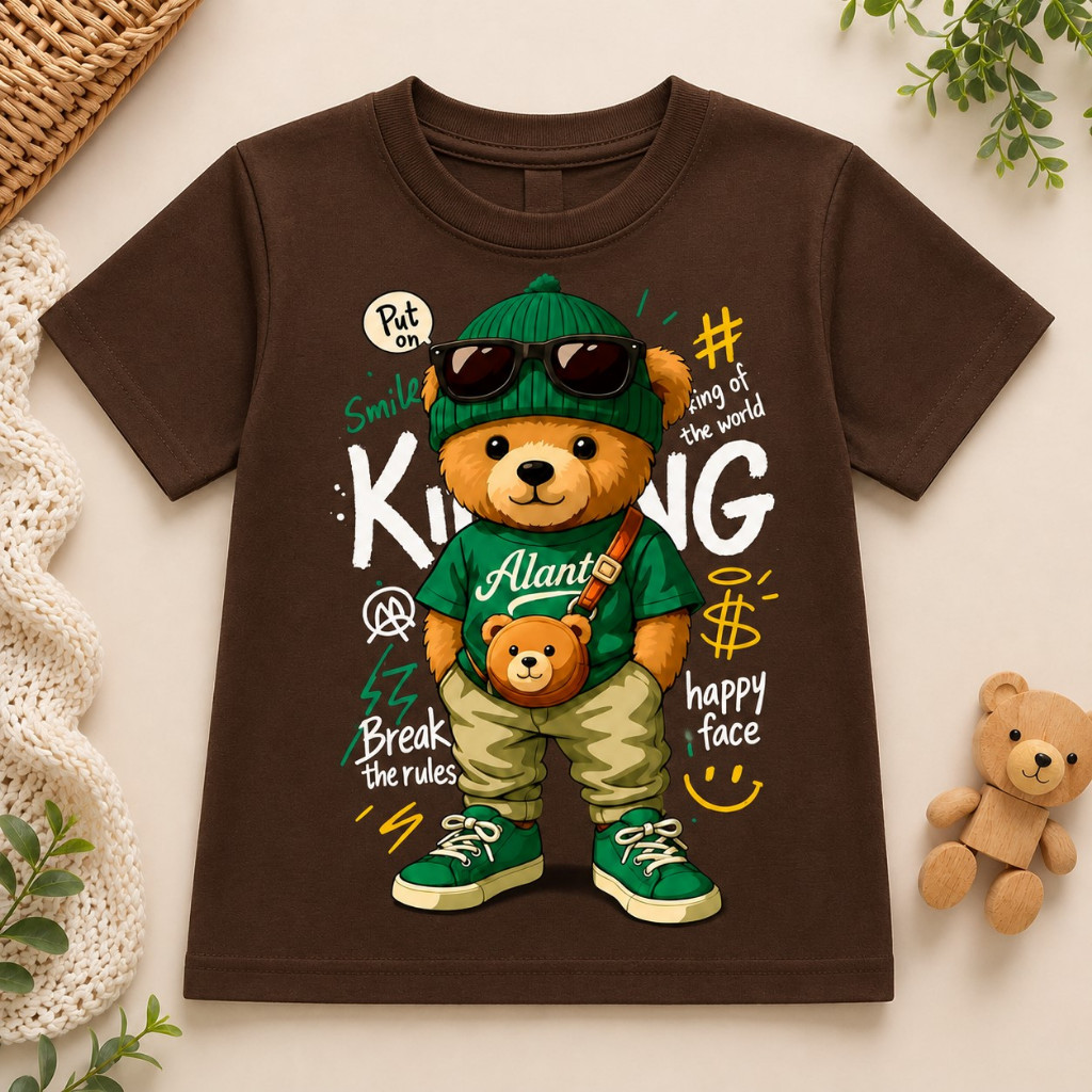 Camiseta Infantil 100% Algodão Malha Premium Gola Redonda Estampa Urso Meninos