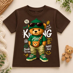 Camiseta Infantil 100% Algodão Malha Premium Gola Redonda Estampa Urso Meninos