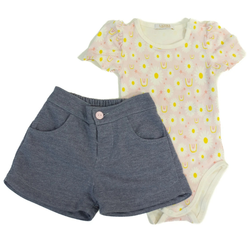 Conjunto Infantil Feminino Bebê Body Florido Em Cotton Bermuda Jeans Roupa Dia A Dia Conforto