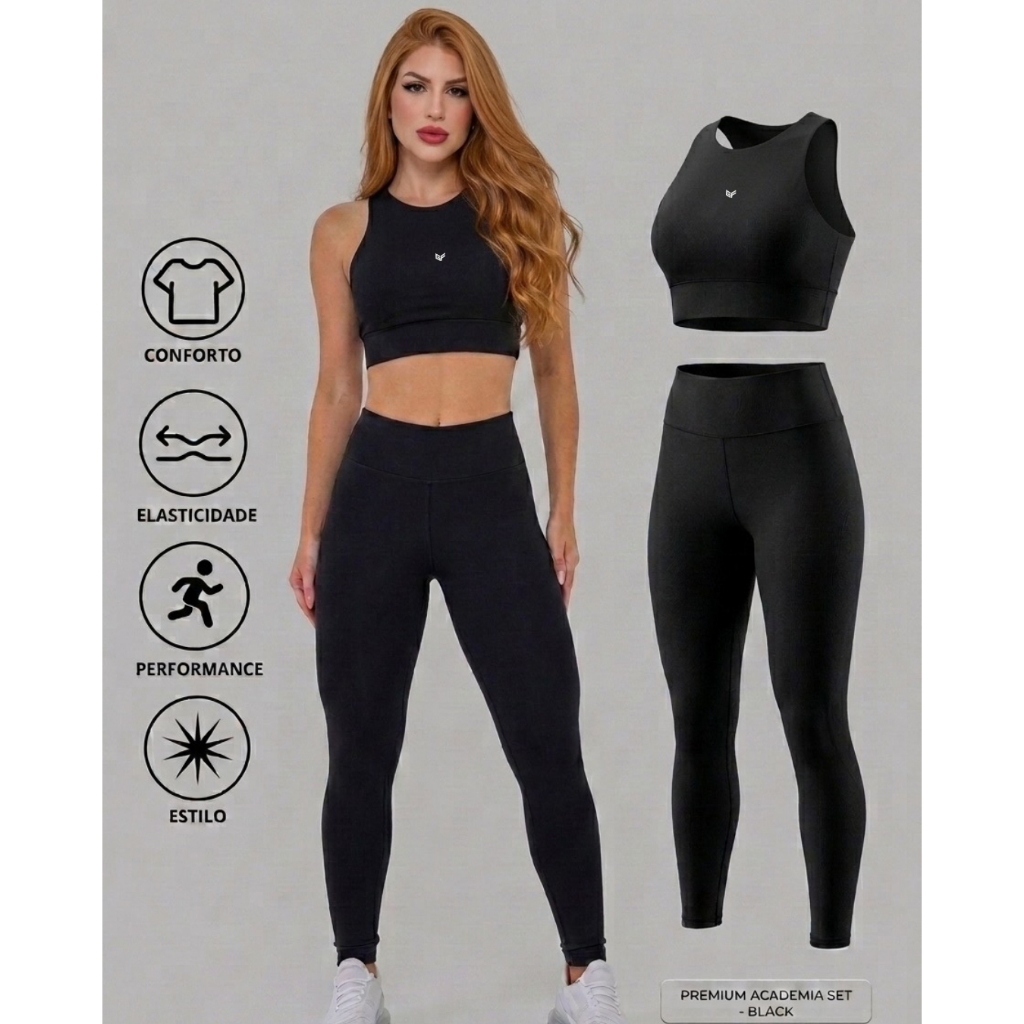 Conjunto Blackout Academia Feminina Fitness Zero Transparência – Cropped Suplex Premium + Calça Legging
