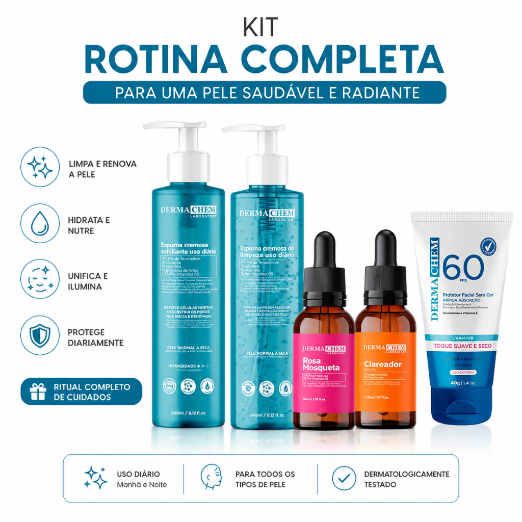 Kit Limpeza Hidratação sabonete esfoliante espuma cremosa sérum rosa mosqueta sérum manchas clareador protetor solar