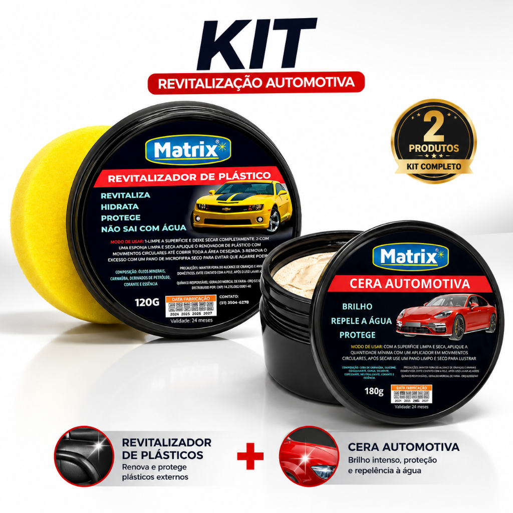 Kit Revitalizador de Plástico para Choque + Cera Automotiva Carro e Moto Brilho Intenso