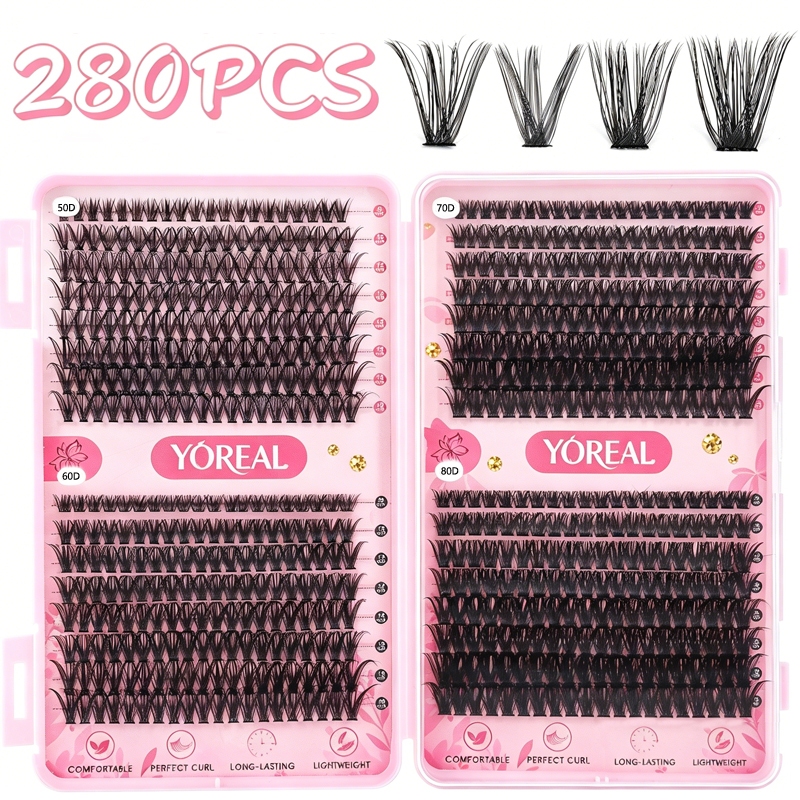 280PCS Cílios Cluster Leves e Finos, Extensão de Cílios 70D+80D/30D+40D, Cílios Individuais, Visual Natural