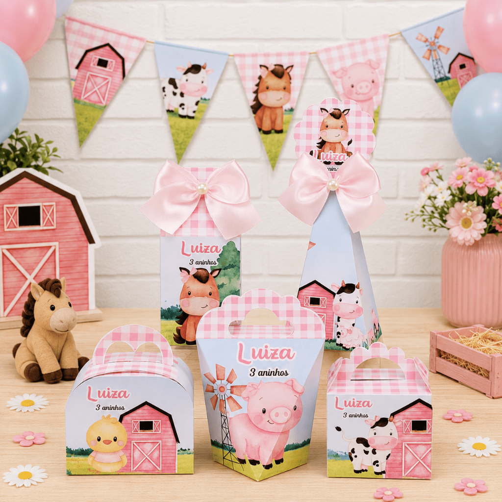 Kit Festa Fazendinha Menina Personalizado | Caixinhas para Lembrancinhas | Decoração Festa Infantil