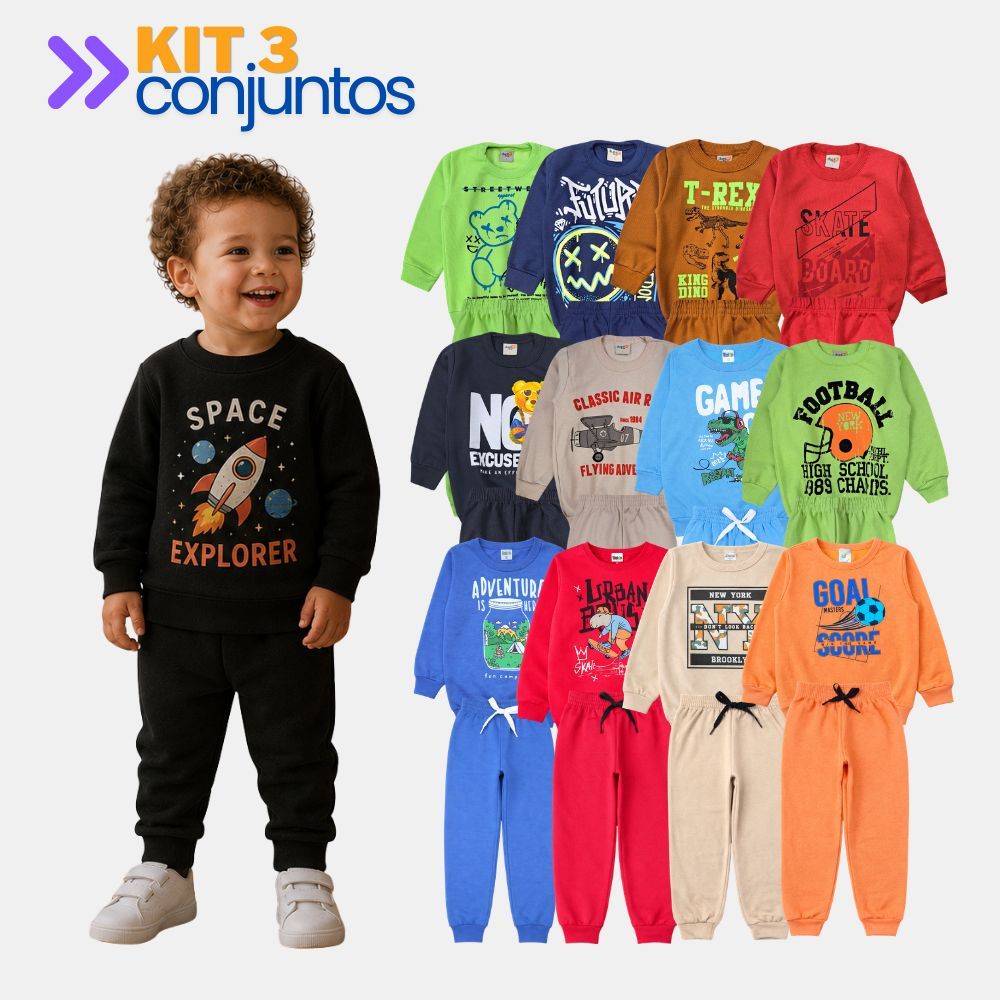 Kit Sortido 6 Peças Moletom Roupa De Bebê Menino Infantil Inverno - 3 Casacos + 3 Calças - Tamanhos 6 Meses a 24 Meses