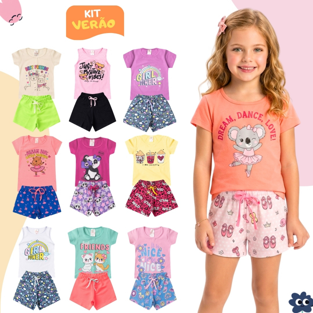 Kit 10 Peças Roupa Infantil Menina Verão Algodão Conjunto Feminino 5 Camisetas + 5 Shorts do 1 ao 14