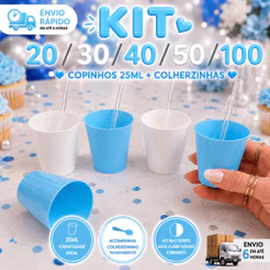 20 a 100 Copinho 25ml Acrílico AZUL CLARO e BRANCO + Mini Colher Kit Completo para Doces Mousse