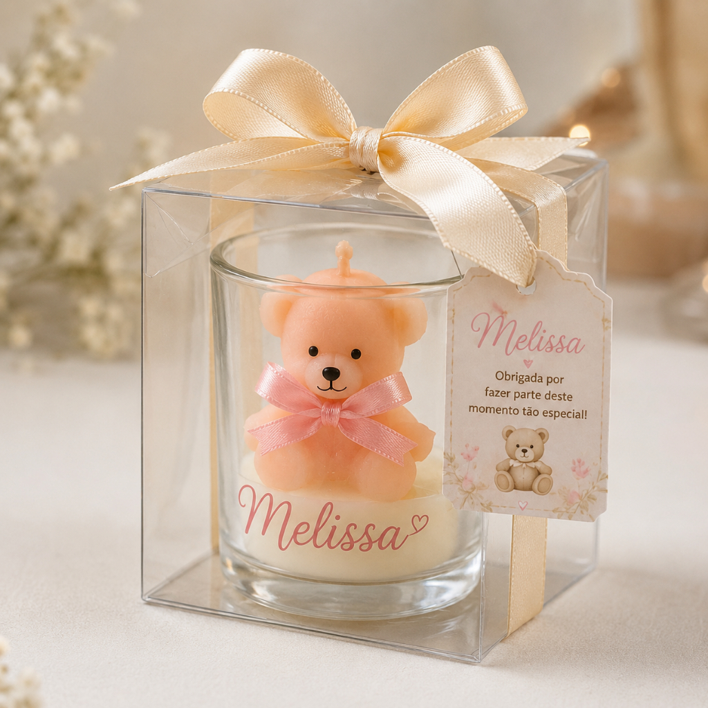Kit Lembrancinha Vela Aromática Ursinho 50g Personalizada Maternidade Chá Revelação Batizado Aniversário