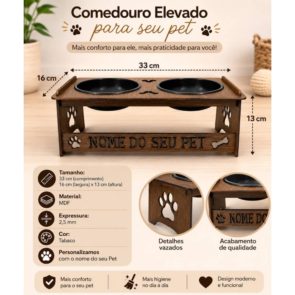 Comedouro Pet Elevado para Cachorro Personalizado MDF Porta Potes Alimentação — imagem 2 de 2