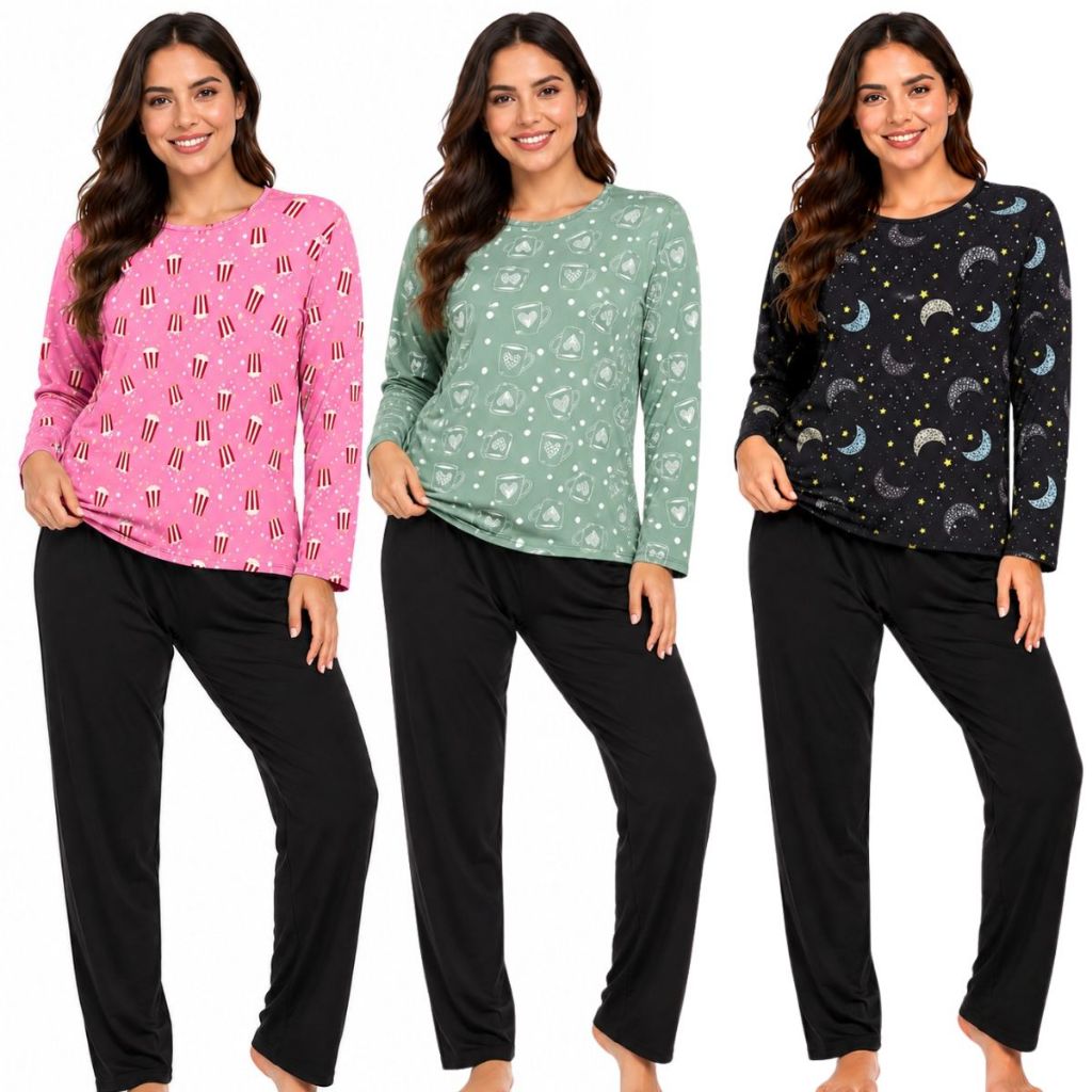 Conjunto Pijama Estampado Feminino Adulto Poliéster Manga Longa Calça Comprida Confortável Frio Inverno Dormir