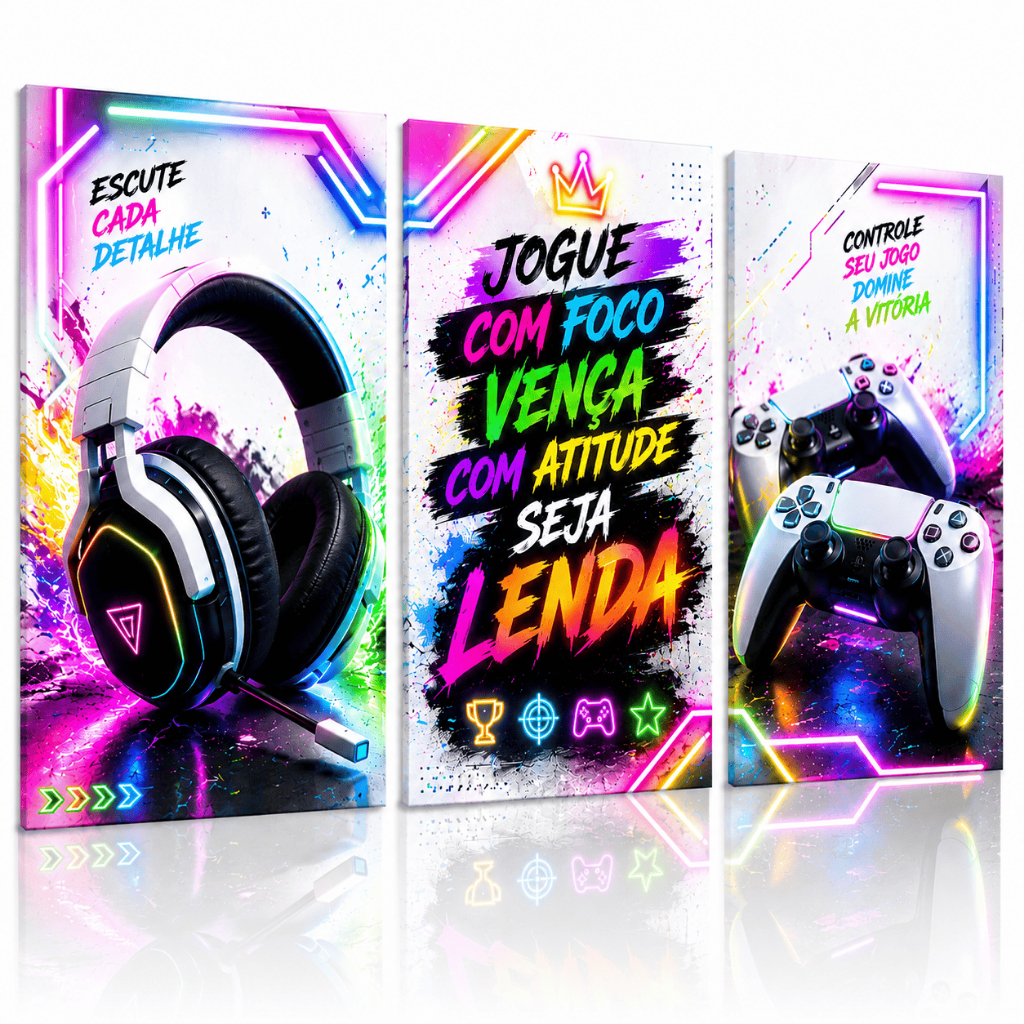 Quadros Decorativos 3 Peças Quarto Gamer Neon Setup Cadeira Controle Gamer Fone De Ouvido Foco