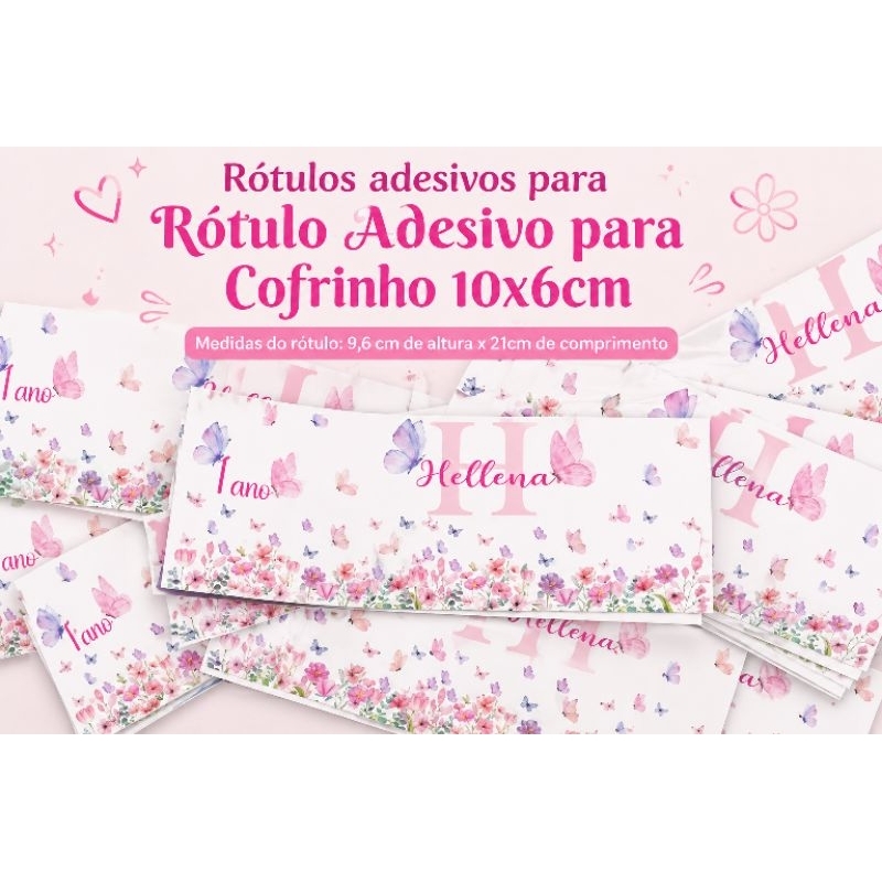 Rótulo Adesivo Cofrinho10x6 Personalizado-JARDIM DAS BORBOLETAS Lembrancinha Infantil/festa de aniversário/VARIOS TEMAS