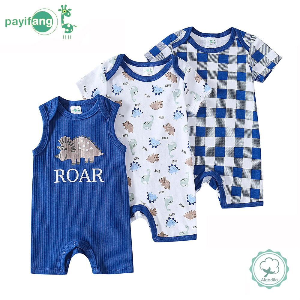 Kit 3 Macacão Bebê Menino Curto 100% Algodão Temática Dinossauros Azul Roupa de Verão TM-3196