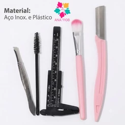ANA1108 Kit Design de Sobrancelhas 5 Peças – Régua, Pinça, Escova, Navalha e Pincel Cor aleatorio