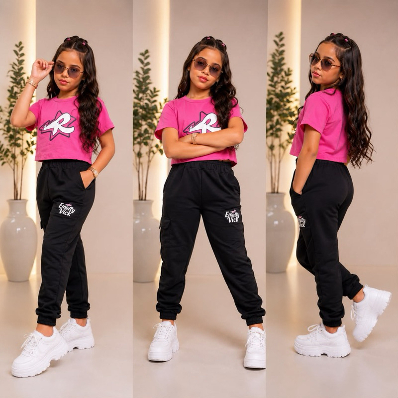 Conjunto Infantil Feminino Cropped Rosa + Calça Jogger Cargo Moda Blogueirinha