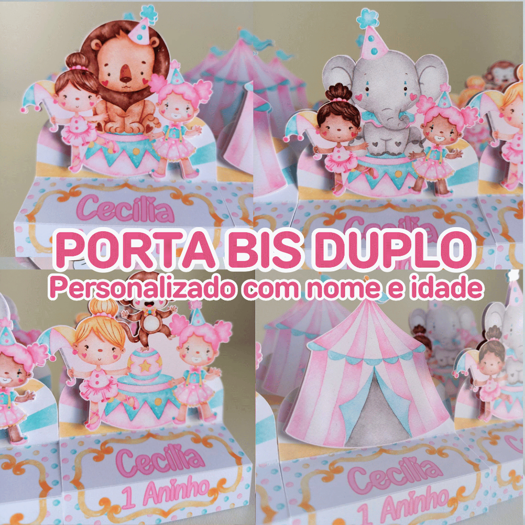 PORTA BIS DUPLO CIRCO MENINA PERSONALIZADO COM NOME E IDADE | LEMBRANCINHA DE ANIVERSÁRIO FESTA INFANTIL CIRCO ROSA