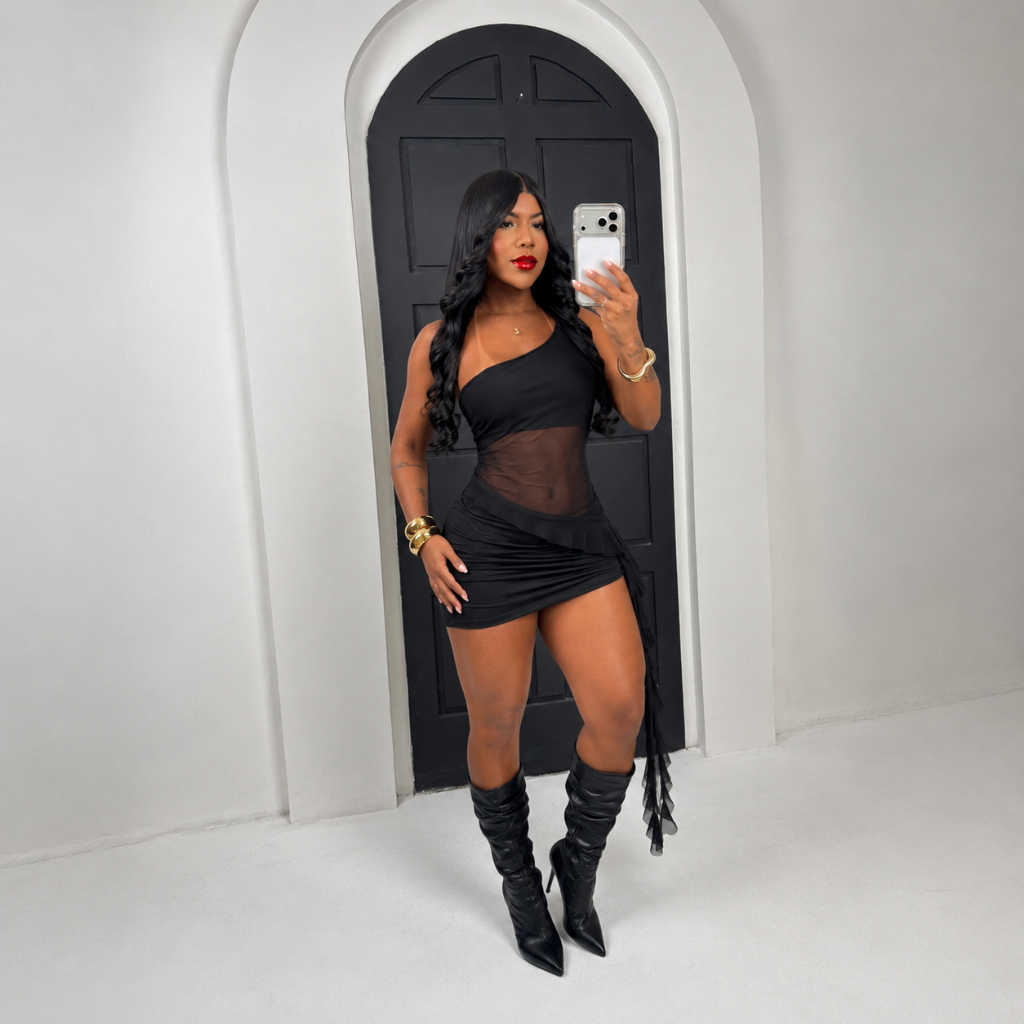 Conjunto Feminino Curto Um Ombro Só Tule Transparente Babado Lateral Balada Festa — imagem 2 de 2