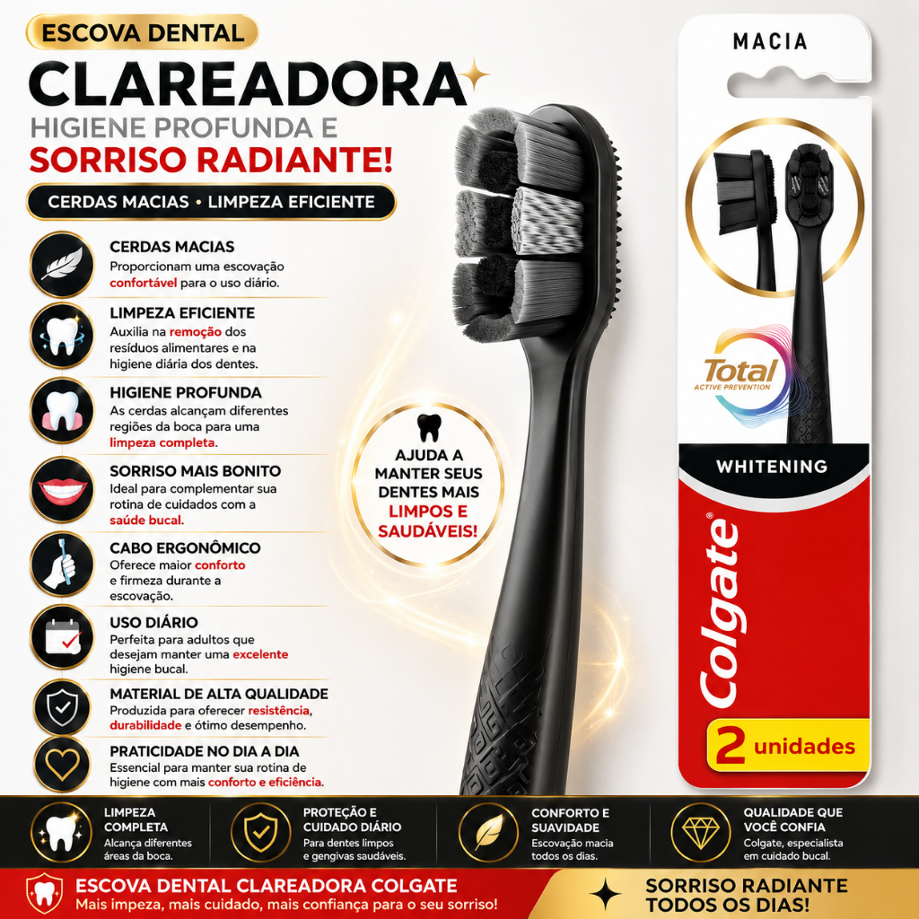 Escova Dental Clareadora Cerdas Macias Higiene Profunda Limpeza Eficiente Sorriso Radiante