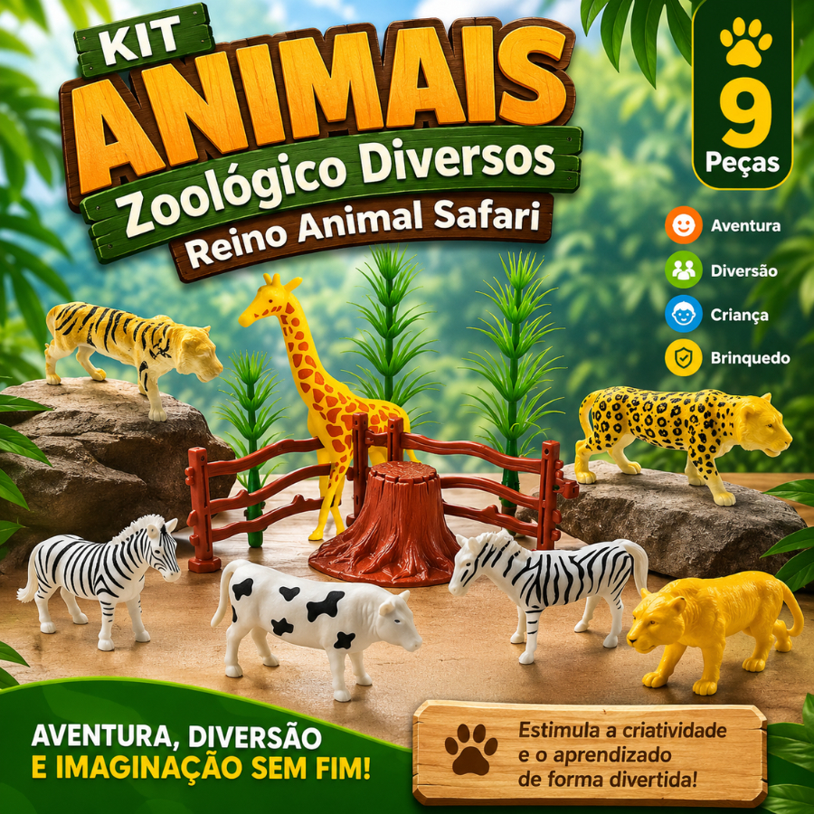 Kit Animais Zoológico Diversos Reino Animal Safari 9 Peças Aventura Diversão Criança Brinquedo