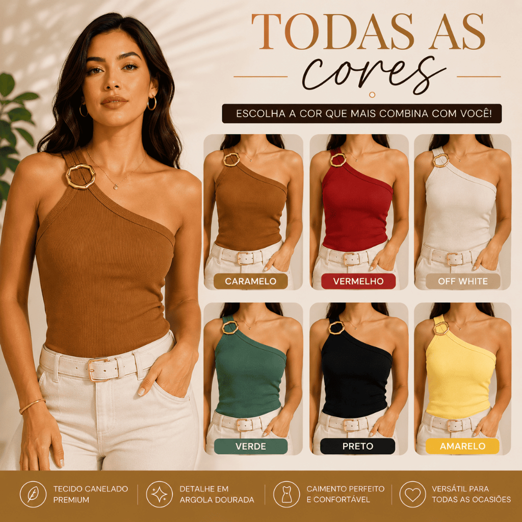 Blusa Um Ombro Só Feminina Canelada com Argola Dourada Elegante Moda Feminina Blogueira Casual Chic