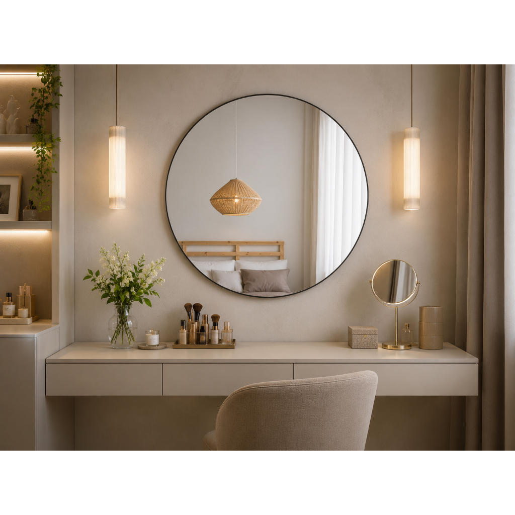 Espelho Redondo 60 cm Couro Suporte Sem Alça  Para Banheiro Quarto Sala Decorativo