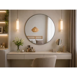 Espelho Redondo 60 cm Couro Suporte Sem Alça Para Banheiro Quarto Sala Decorativo