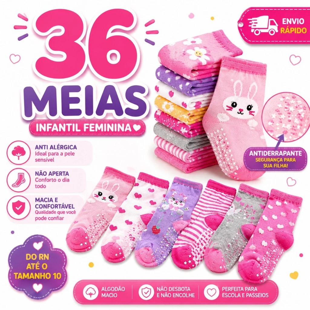 Meias Infantil Feminina Kit Antiderrapante Bebê Estampada Algodão Criança 0 a 10 Anos — imagem 1