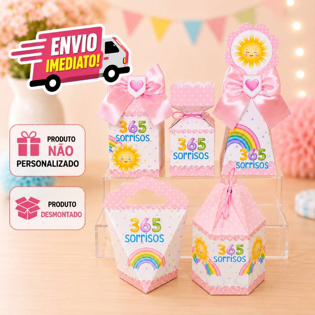 kit Caixinhas Personalizadas para Festa 365 SORRISOS MENINA Lembrancinhas de Aniversário Decoração DESMONTADO.