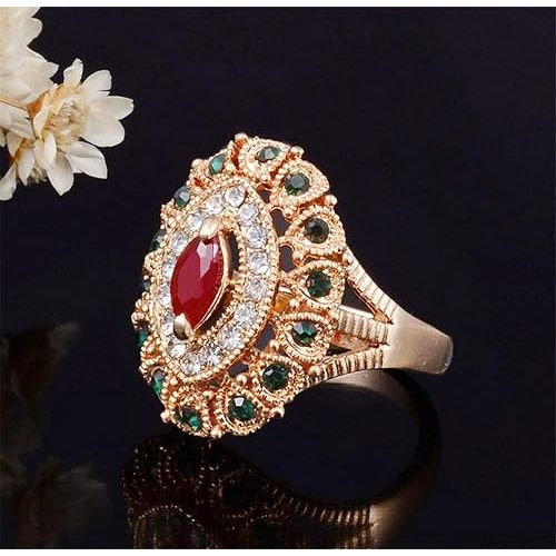 Anel Feminino Banhado a Ouro com Pedraria em Cristais Swarovski Rubi, Esmeralda e Diamante