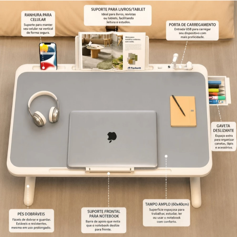 Mesa Dobrável para Notebook com Altura Ajustável, Ventilador, Gaveta e Luz LED – Portátil 2 em 1 — imagem 2 de 2