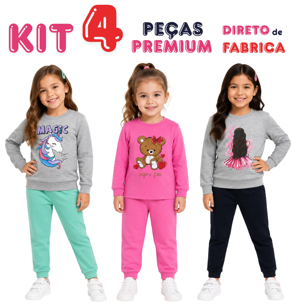 Kit 4 Peças Infantil Menina Moletom Felpado 2 Conjuntos Sortidos Inverno Tam 4 6 8 10