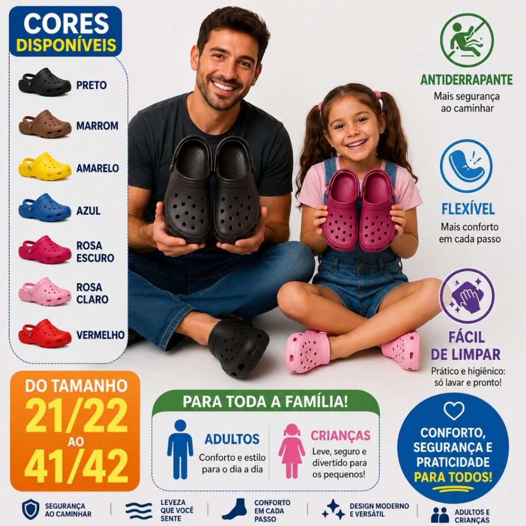 Babuche Sandália Papete Unissex Leve Confortável Antiderrapante Macio Tamanhos 21/22 a 41/42 para Adultos e Crianças