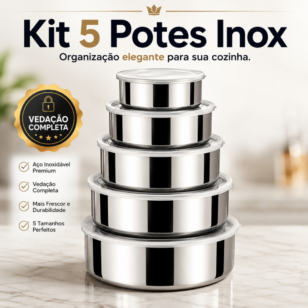 Kit 5 Potes Inox Herméticos Tampa Vedação Redondo Alimentos Geladeira Marmita Cozinha Conjunto Potes