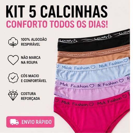 Kit 5 Calcinhas Femininas Adulto Cotton Cós Elástico Confortável Respirável